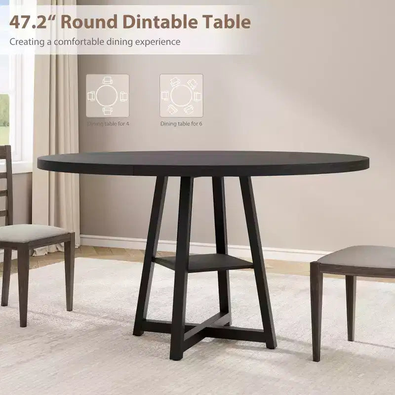 47 Inch Round Dining Table for 4-6, Industrial Kitchen Table with Storage Shelf, Space Saving for Dining Room/Kitchen
