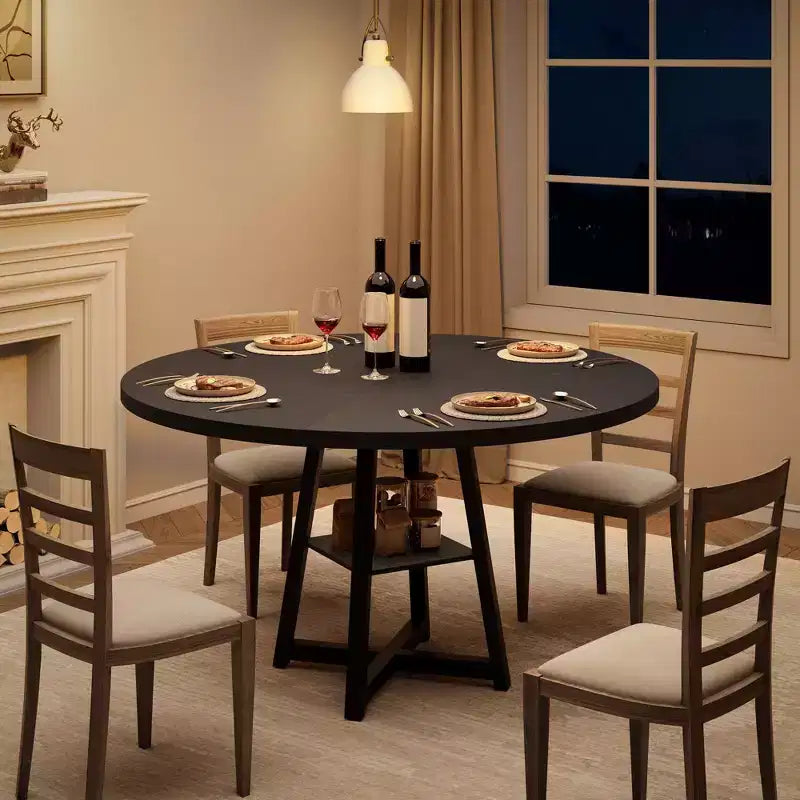 47 Inch Round Dining Table for 4-6, Industrial Kitchen Table with Storage Shelf, Space Saving for Dining Room/Kitchen