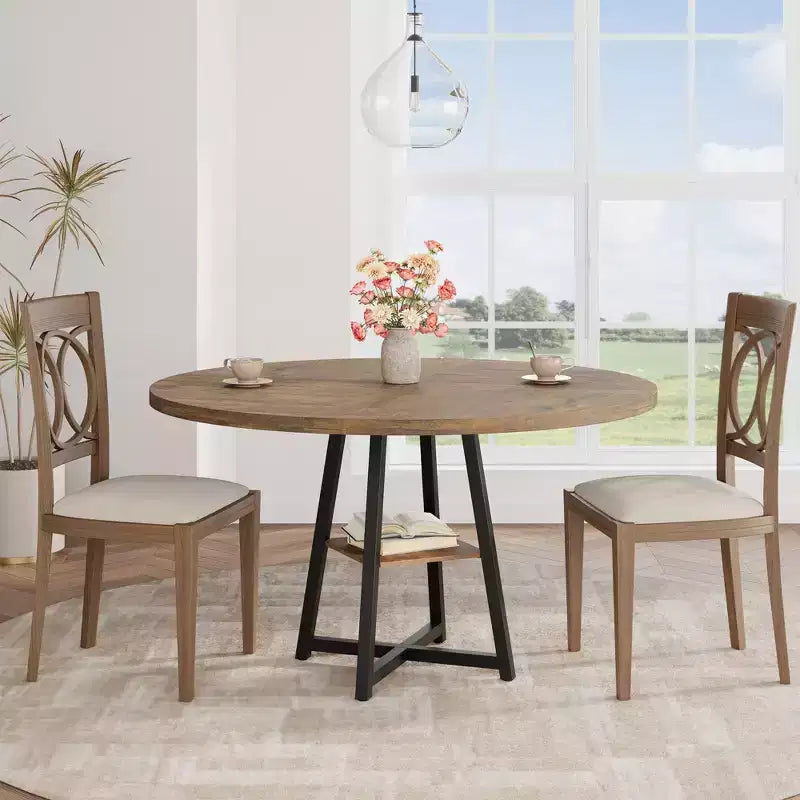 47 Inch Round Dining Table for 4-6, Industrial Kitchen Table with Storage Shelf, Space Saving for Dining Room/Kitchen