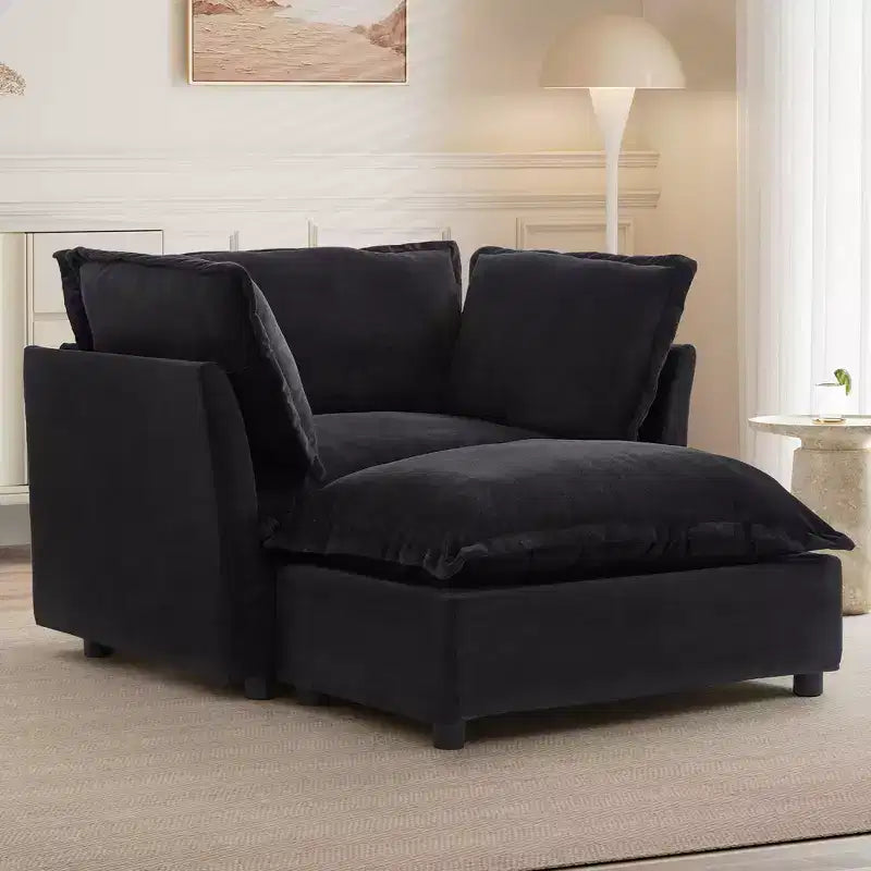 Modern Armchair Sofa 47 Upholstered Sofa with Movable Ottoman Wide Seat Soft Pillows for Living Room Black