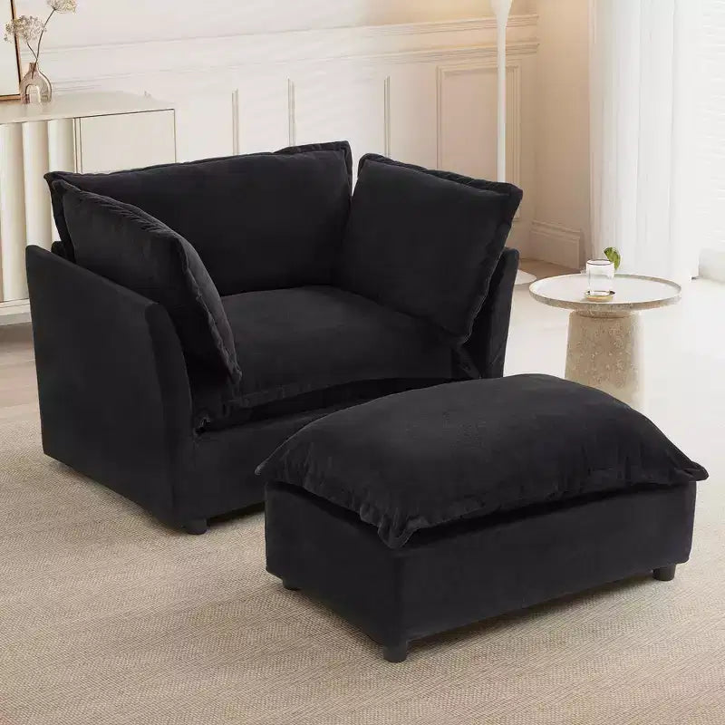 Modern Armchair Sofa 47 Upholstered Sofa with Movable Ottoman Wide Seat Soft Pillows for Living Room Black