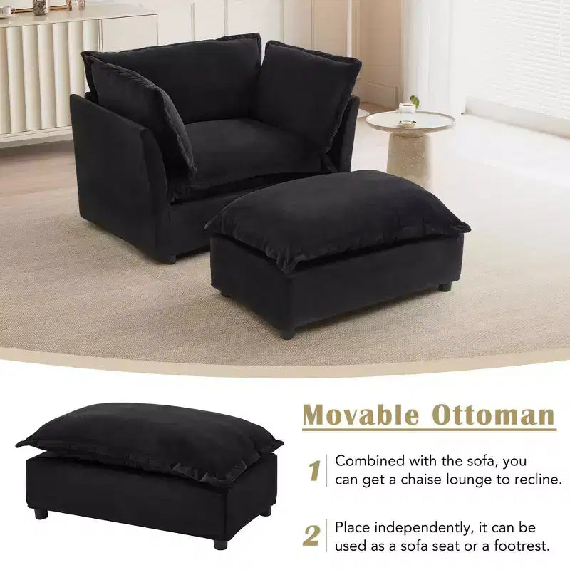 Modern Armchair Sofa 47 Upholstered Sofa with Movable Ottoman Wide Seat Soft Pillows for Living Room Black