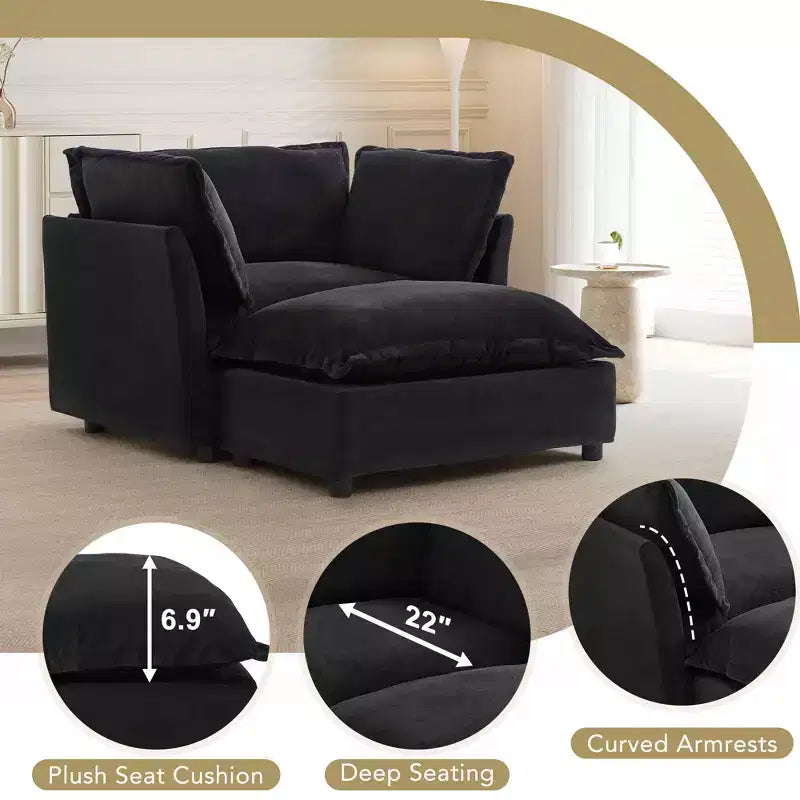 Modern Armchair Sofa 47 Upholstered Sofa with Movable Ottoman Wide Seat Soft Pillows for Living Room Black