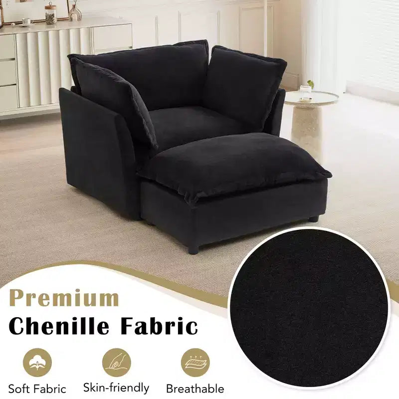 Modern Armchair Sofa 47 Upholstered Sofa with Movable Ottoman Wide Seat Soft Pillows for Living Room Black