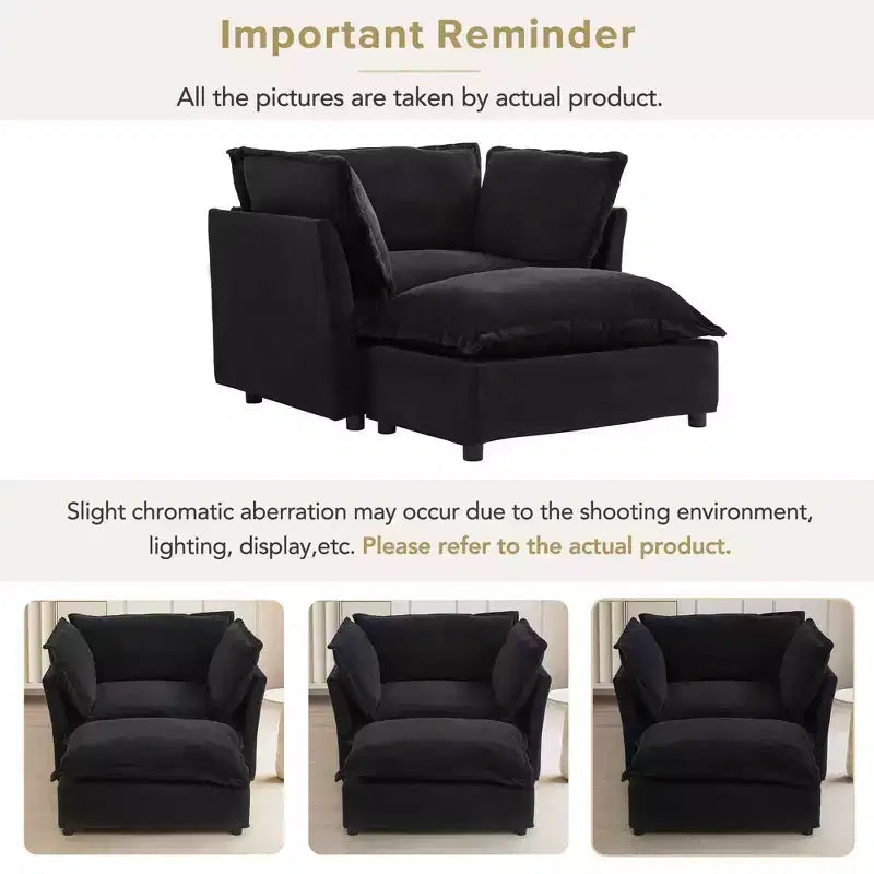 Modern Armchair Sofa 47 Upholstered Sofa with Movable Ottoman Wide Seat Soft Pillows for Living Room Black