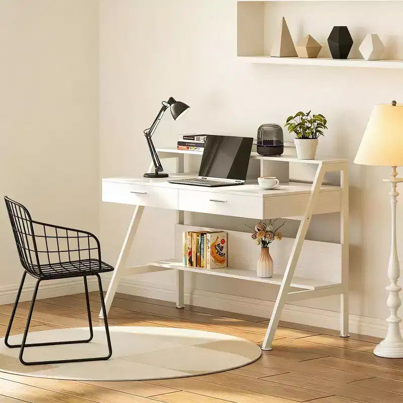 NAYSAYE Office Desk Writing Table End Table with Storage Shelf Drawers and Monitor Riser for Home Office, White, 47.28*23.64*35.46