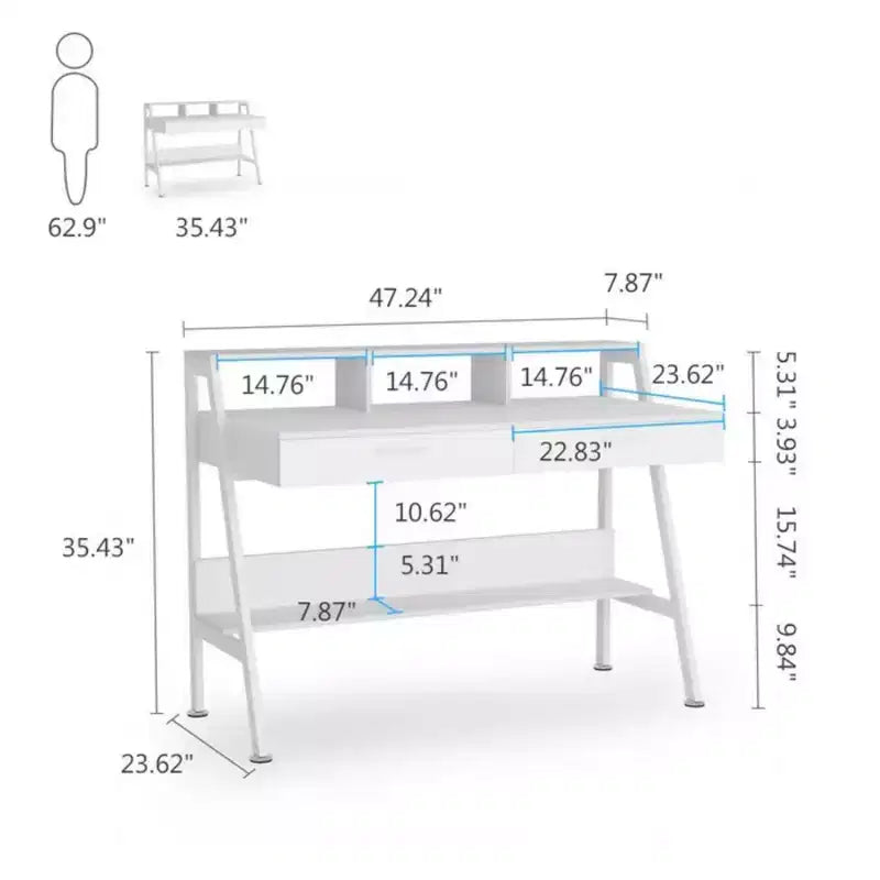 Office Desk Writing Table End Table with Storage Shelf Drawers and Monitor Riser for Home Office, White, 47.28*23.64*35.46