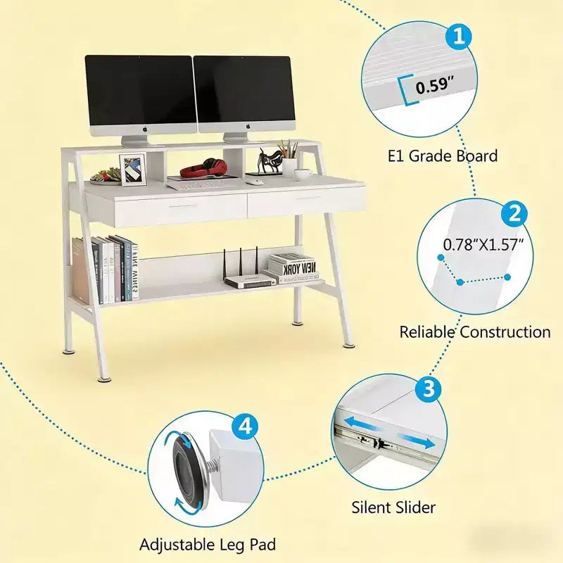 Office Desk Writing Table End Table with Storage Shelf Drawers and Monitor Riser for Home Office, White, 47.28*23.64*35.46