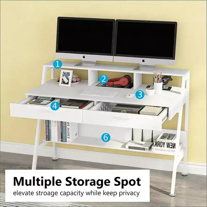 Office Desk Writing Table End Table with Storage Shelf Drawers and Monitor Riser for Home Office, White, 47.28*23.64*35.46