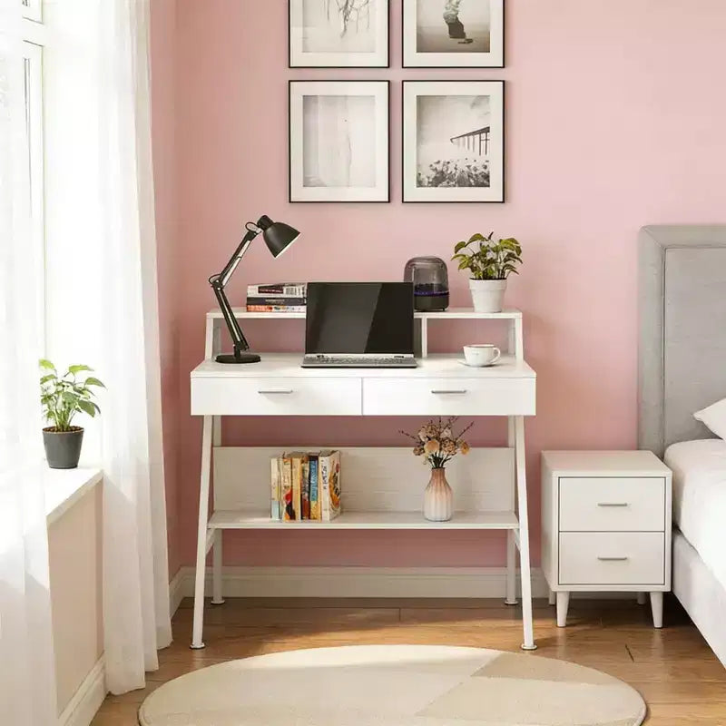 Office Desk Writing Table End Table with Storage Shelf Drawers and Monitor Riser for Home Office, White, 47.28*23.64*35.46