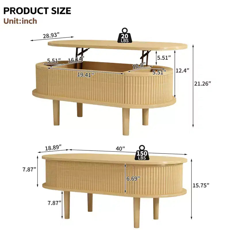 Lift Top Coffee Table End Table Fluted Wooden Center Table with Hidden Storage for Living Room Office, Brown, 40*18.89*15.75