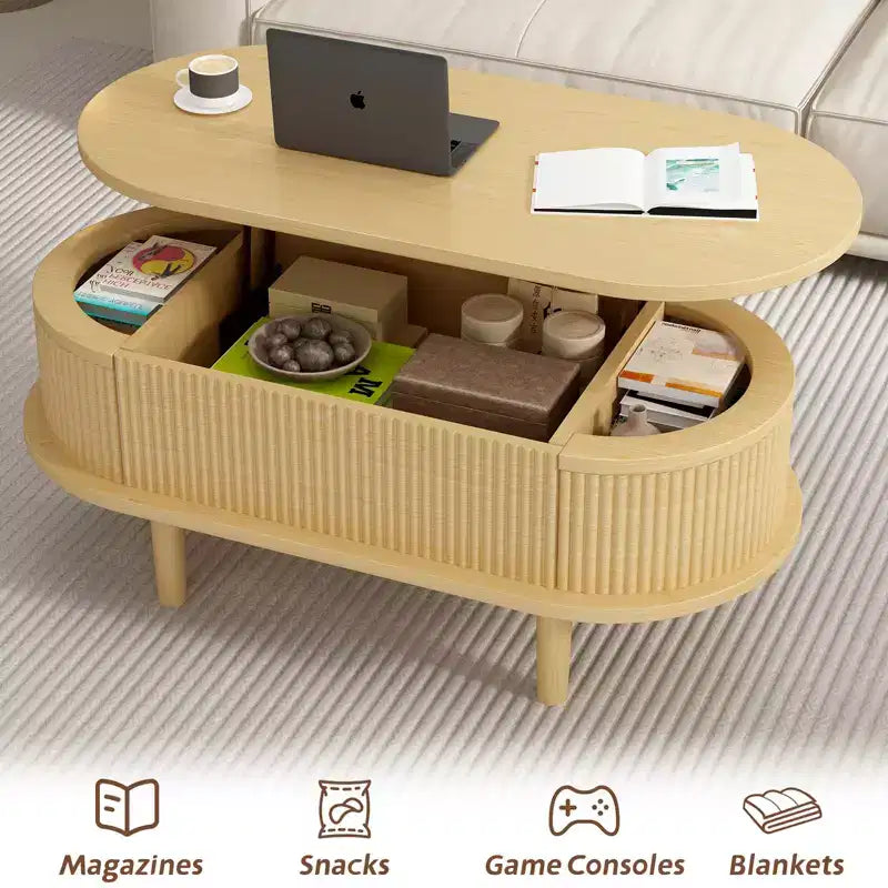 Lift Top Coffee Table End Table Fluted Wooden Center Table with Hidden Storage for Living Room Office, Brown, 40*18.89*15.75