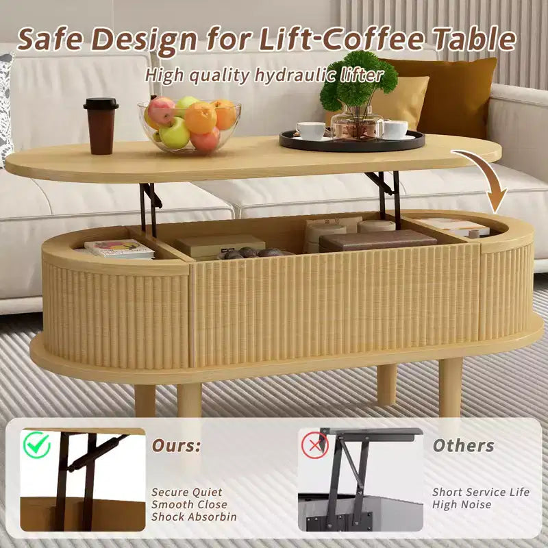 Lift Top Coffee Table End Table Fluted Wooden Center Table with Hidden Storage for Living Room Office, Brown, 40*18.89*15.75