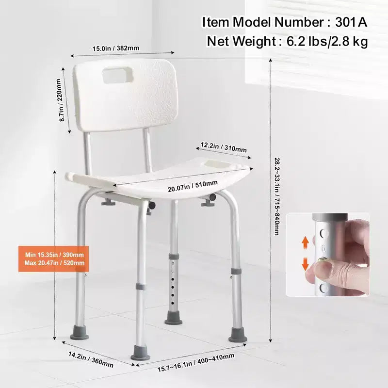 Shower Chair with Back, Adjustable Height Shower Seat for Inside Shower & Bathtub, Non-Slip Bath Chair, 350 lbs Capacity