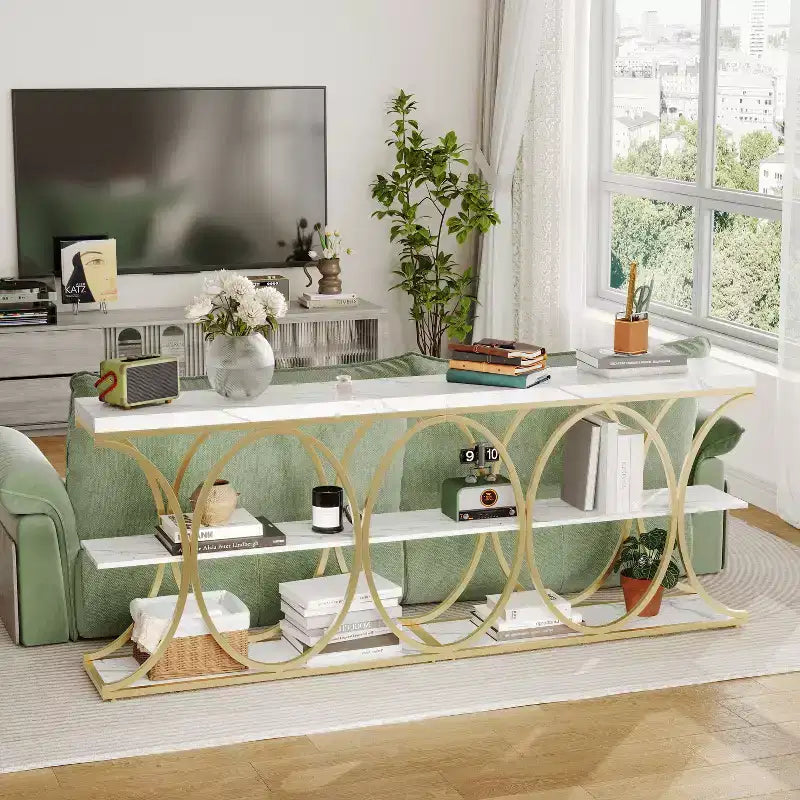 3-Tier Farmhouse Narrow Console Table Rectangular Entryway Furniture with Storage Shelves, Metal Geometric Legs Versatile Accent Sofa Table