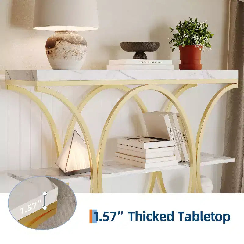 3-Tier Farmhouse Narrow Console Table Rectangular Entryway Furniture with Storage Shelves, Metal Geometric Legs Versatile Accent Sofa Table