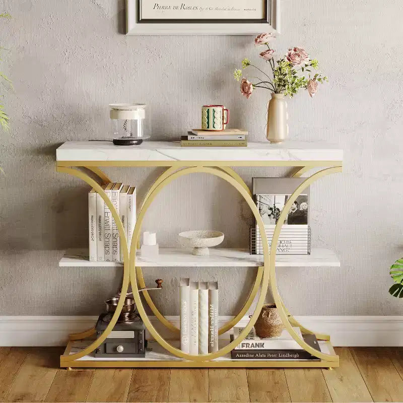 3-Tier Farmhouse Narrow Console Table Rectangular Entryway Furniture with Storage Shelves, Metal Geometric Legs Versatile Accent Sofa Table