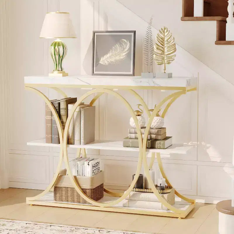 3-Tier Farmhouse Narrow Console Table Rectangular Entryway Furniture with Storage Shelves, Metal Geometric Legs Versatile Accent Sofa Table