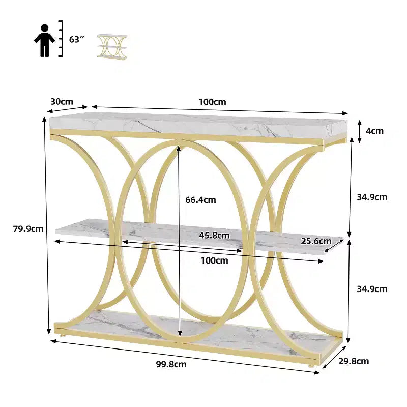 3-Tier Farmhouse Narrow Console Table Rectangular Entryway Furniture with Storage Shelves, Metal Geometric Legs Versatile Accent Sofa Table