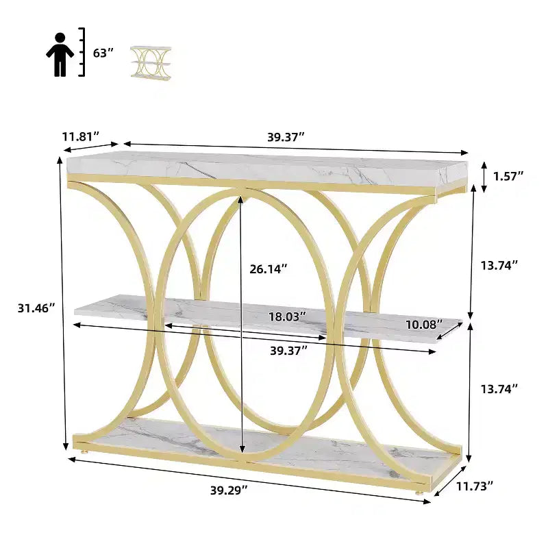 3-Tier Farmhouse Narrow Console Table Rectangular Entryway Furniture with Storage Shelves, Metal Geometric Legs Versatile Accent Sofa Table