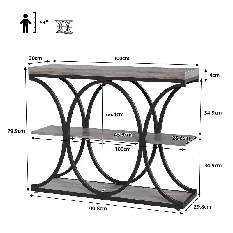 3-Tier Farmhouse Narrow Console Table Rectangular Entryway Furniture with Storage Shelves, Metal Geometric Legs Versatile Accent Sofa Table