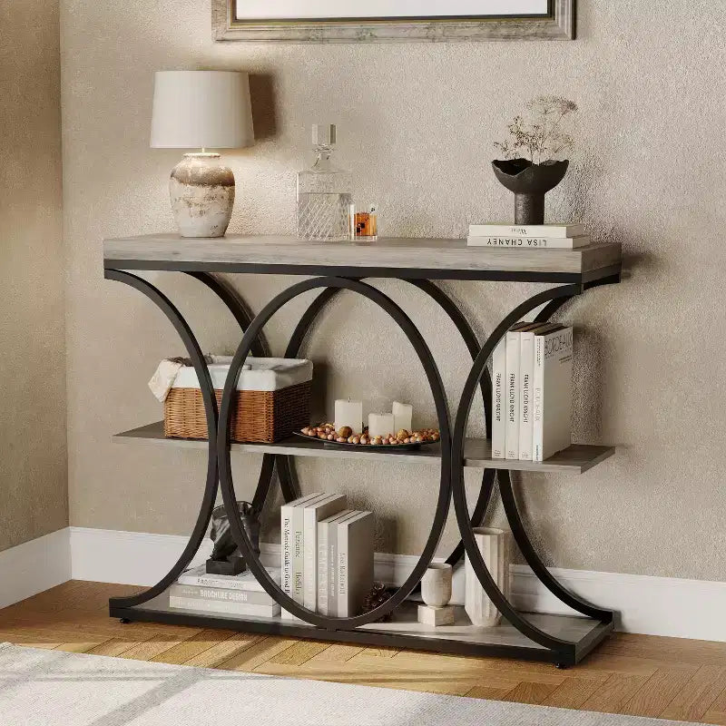 3-Tier Farmhouse Narrow Console Table Rectangular Entryway Furniture with Storage Shelves, Metal Geometric Legs Versatile Accent Sofa Table