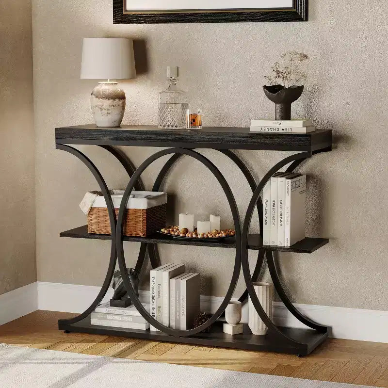 3-Tier Farmhouse Narrow Console Table Rectangular Entryway Furniture with Storage Shelves, Metal Geometric Legs Versatile Accent Sofa Table