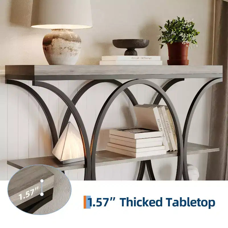 3-Tier Farmhouse Narrow Console Table Rectangular Entryway Furniture with Storage Shelves, Metal Geometric Legs Versatile Accent Sofa Table