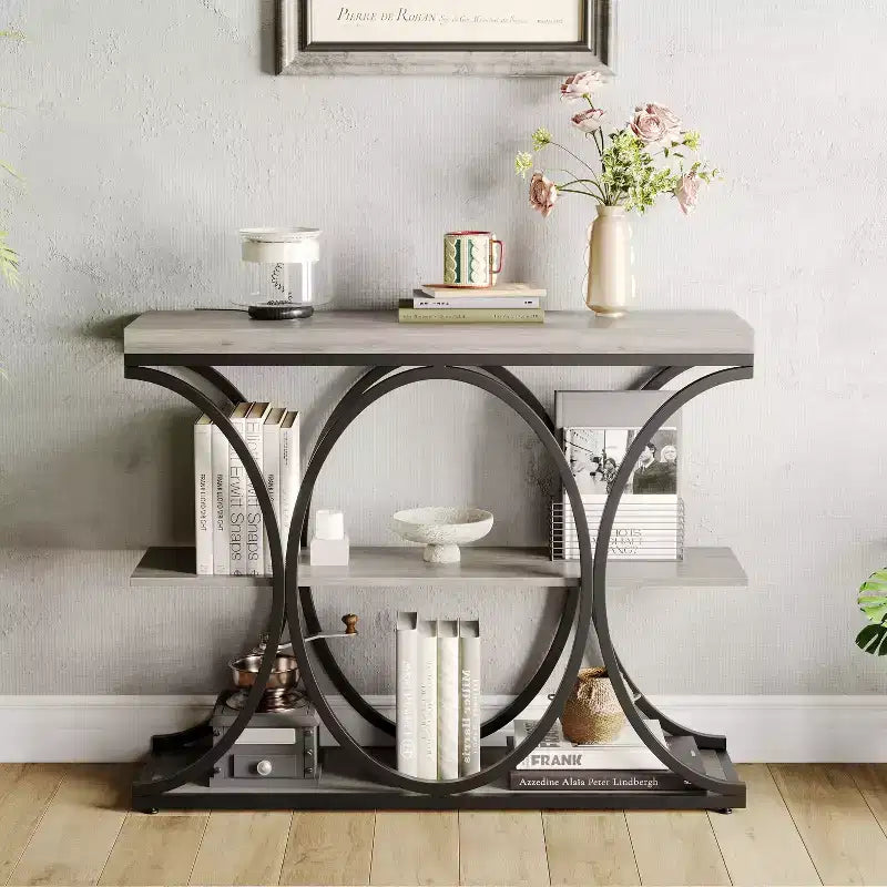 3-Tier Farmhouse Narrow Console Table Rectangular Entryway Furniture with Storage Shelves, Metal Geometric Legs Versatile Accent Sofa Table