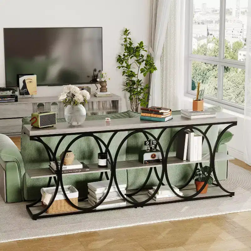 3-Tier Farmhouse Narrow Console Table Rectangular Entryway Furniture with Storage Shelves, Metal Geometric Legs Versatile Accent Sofa Table