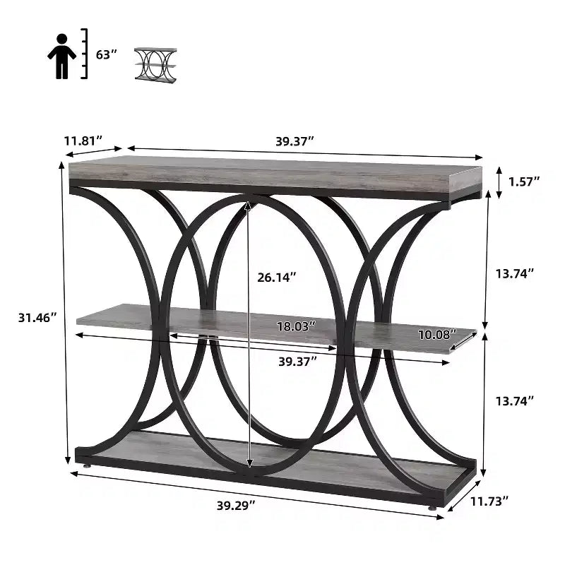 3-Tier Farmhouse Narrow Console Table Rectangular Entryway Furniture with Storage Shelves, Metal Geometric Legs Versatile Accent Sofa Table