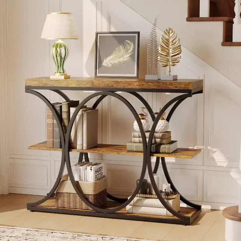 3-Tier Farmhouse Narrow Console Table Rectangular Entryway Furniture with Storage Shelves, Metal Geometric Legs Versatile Accent Sofa Table