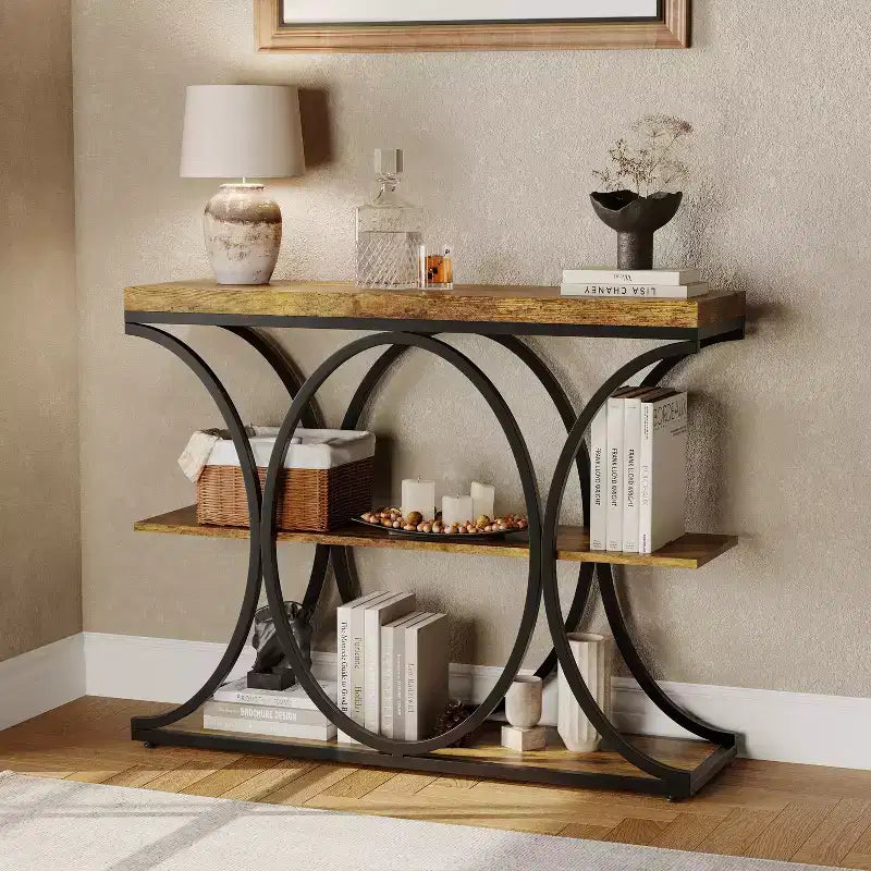 3-Tier Farmhouse Narrow Console Table Rectangular Entryway Furniture with Storage Shelves, Metal Geometric Legs Versatile Accent Sofa Table