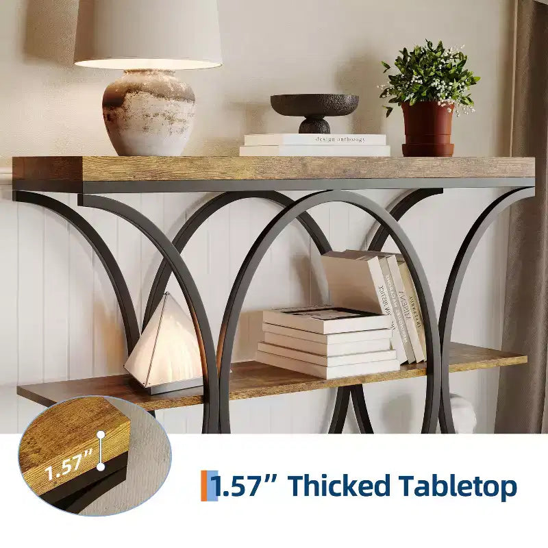 3-Tier Farmhouse Narrow Console Table Rectangular Entryway Furniture with Storage Shelves, Metal Geometric Legs Versatile Accent Sofa Table
