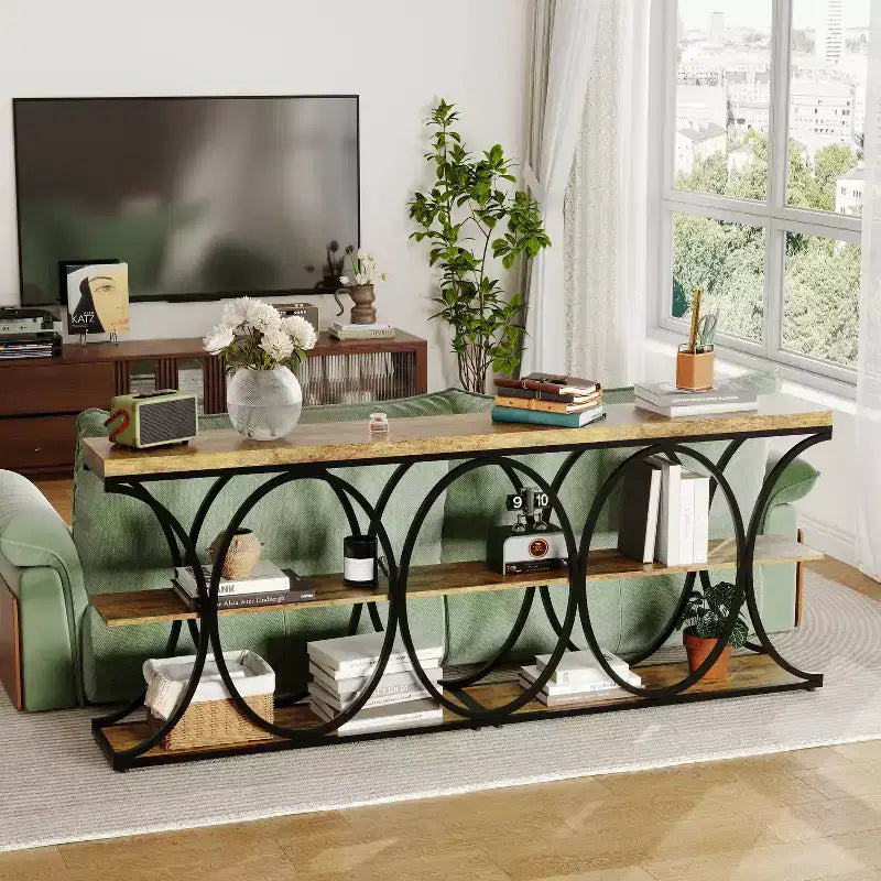 3-Tier Farmhouse Narrow Console Table Rectangular Entryway Furniture with Storage Shelves, Metal Geometric Legs Versatile Accent Sofa Table
