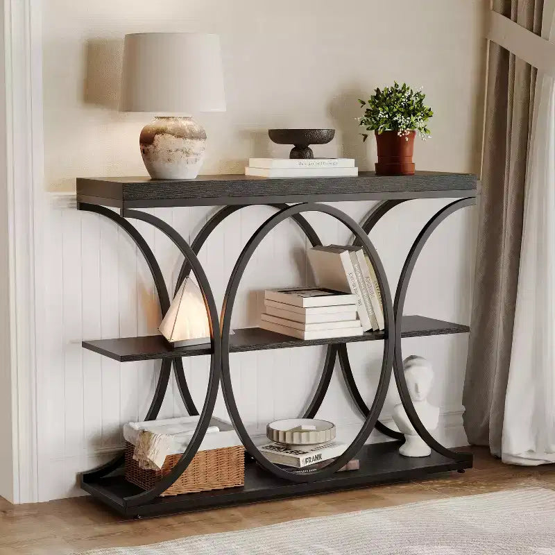 3-Tier Farmhouse Narrow Console Table Rectangular Entryway Furniture with Storage Shelves, Metal Geometric Legs Versatile Accent Sofa Table