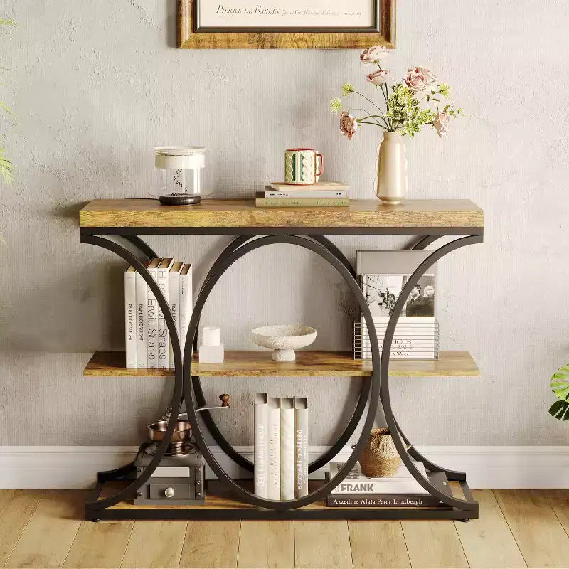 3-Tier Farmhouse Narrow Console Table Rectangular Entryway Furniture with Storage Shelves, Metal Geometric Legs Versatile Accent Sofa Table