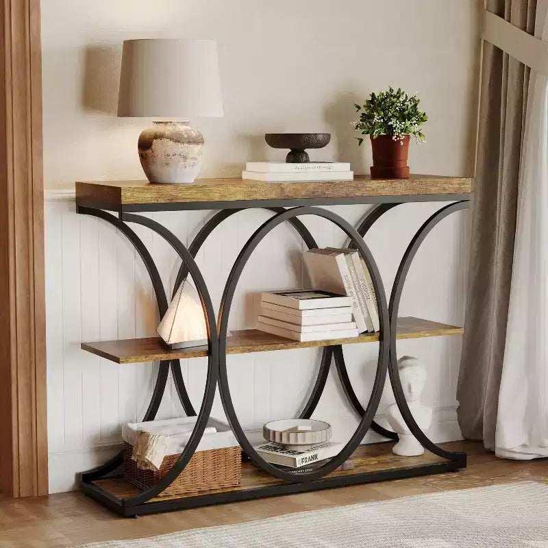3-Tier Farmhouse Narrow Console Table Rectangular Entryway Furniture with Storage Shelves, Metal Geometric Legs Versatile Accent Sofa Table
