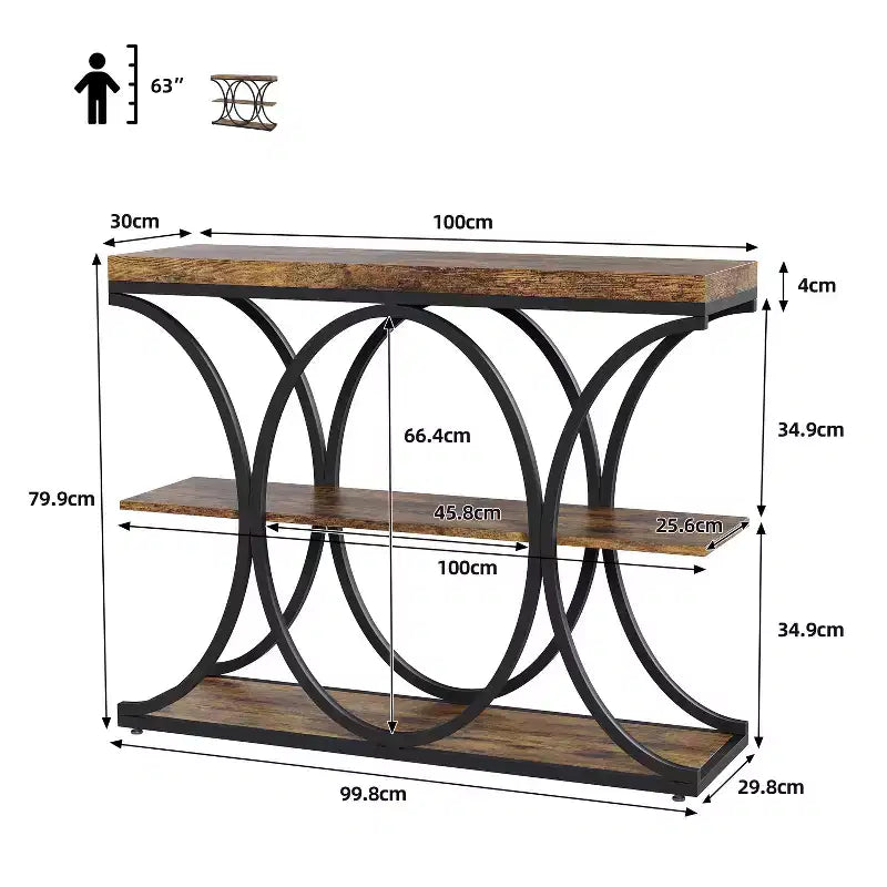 3-Tier Farmhouse Narrow Console Table Rectangular Entryway Furniture with Storage Shelves, Metal Geometric Legs Versatile Accent Sofa Table