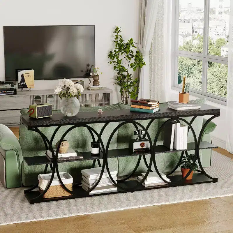 3-Tier Farmhouse Narrow Console Table Rectangular Entryway Furniture with Storage Shelves, Metal Geometric Legs Versatile Accent Sofa Table