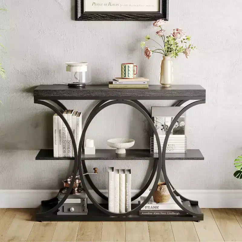 3-Tier Farmhouse Narrow Console Table Rectangular Entryway Furniture with Storage Shelves, Metal Geometric Legs Versatile Accent Sofa Table