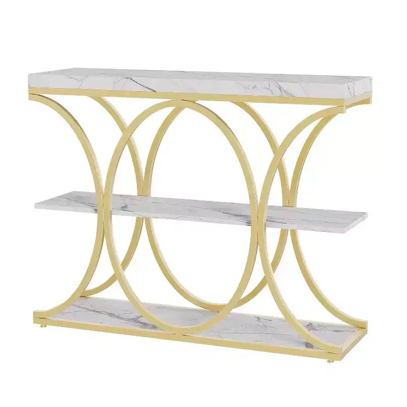 3-Tier Farmhouse Narrow Console Table Rectangular Entryway Furniture with Storage Shelves, Metal Geometric Legs Versatile Accent Sofa Table