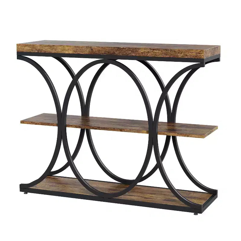 3-Tier Farmhouse Narrow Console Table Rectangular Entryway Furniture with Storage Shelves, Metal Geometric Legs Versatile Accent Sofa Table