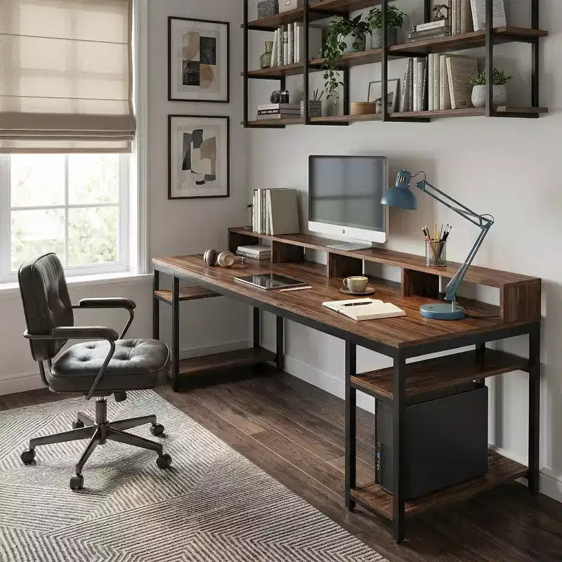 MAYEERTY 78.7 Two Person Computer Desk, Office Table with Monitor Stand and 4 Open Shelves