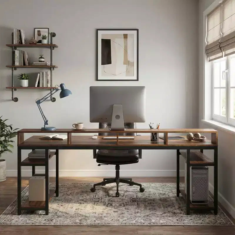 78.7 Two Person Computer Desk, Office Table with Monitor Stand and 4 Open Shelves
