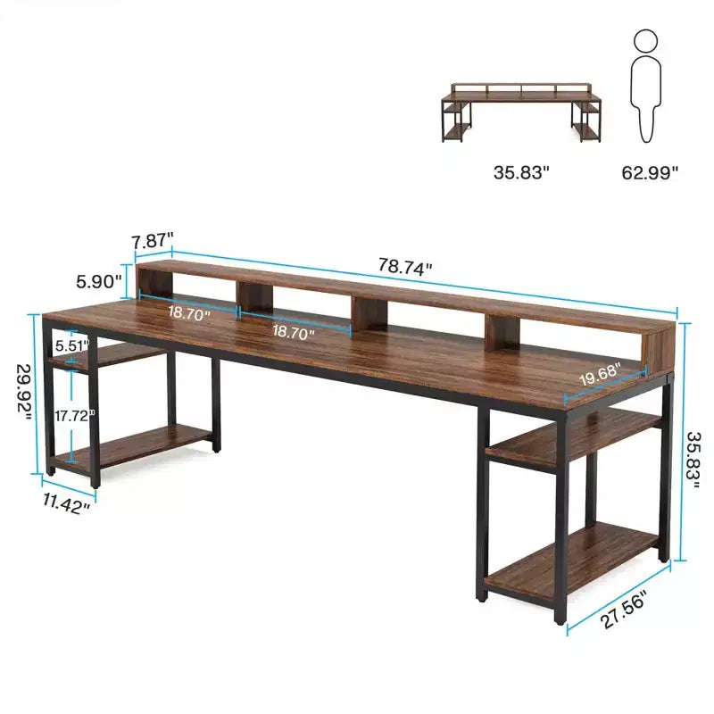 78.7 Two Person Computer Desk, Office Table with Monitor Stand and 4 Open Shelves