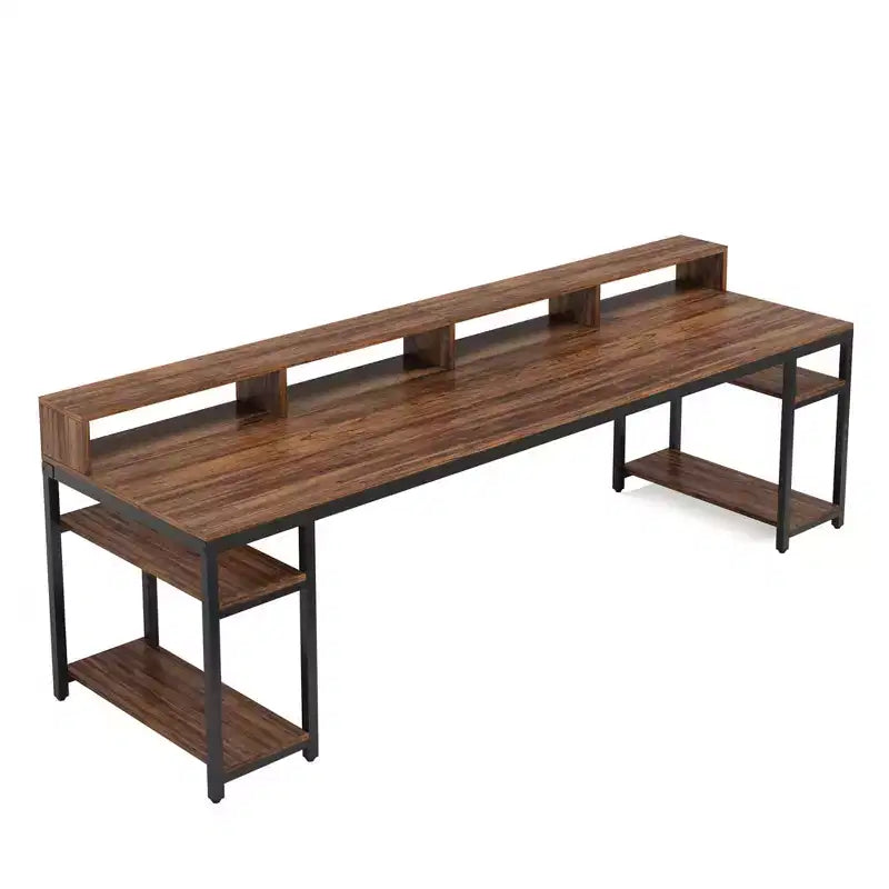78.7 Two Person Computer Desk, Office Table with Monitor Stand and 4 Open Shelves