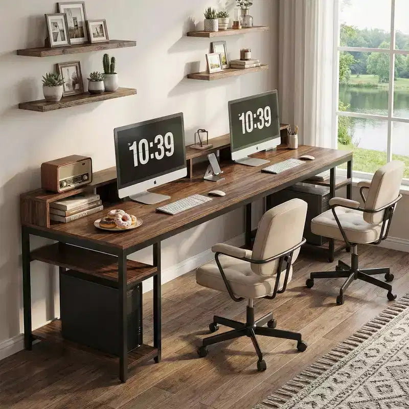 78.7 Two Person Computer Desk, Office Table with Monitor Stand and 4 Open Shelves