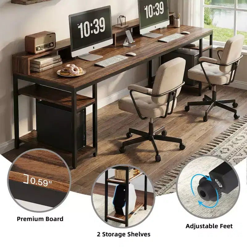78.7 Two Person Computer Desk, Office Table with Monitor Stand and 4 Open Shelves