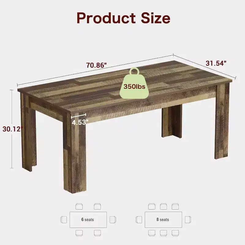 71 Rectangular Dining Table for 6-8, Farmhouse Wooden Table with Triangle Legs, for Dining Room or Apartment
